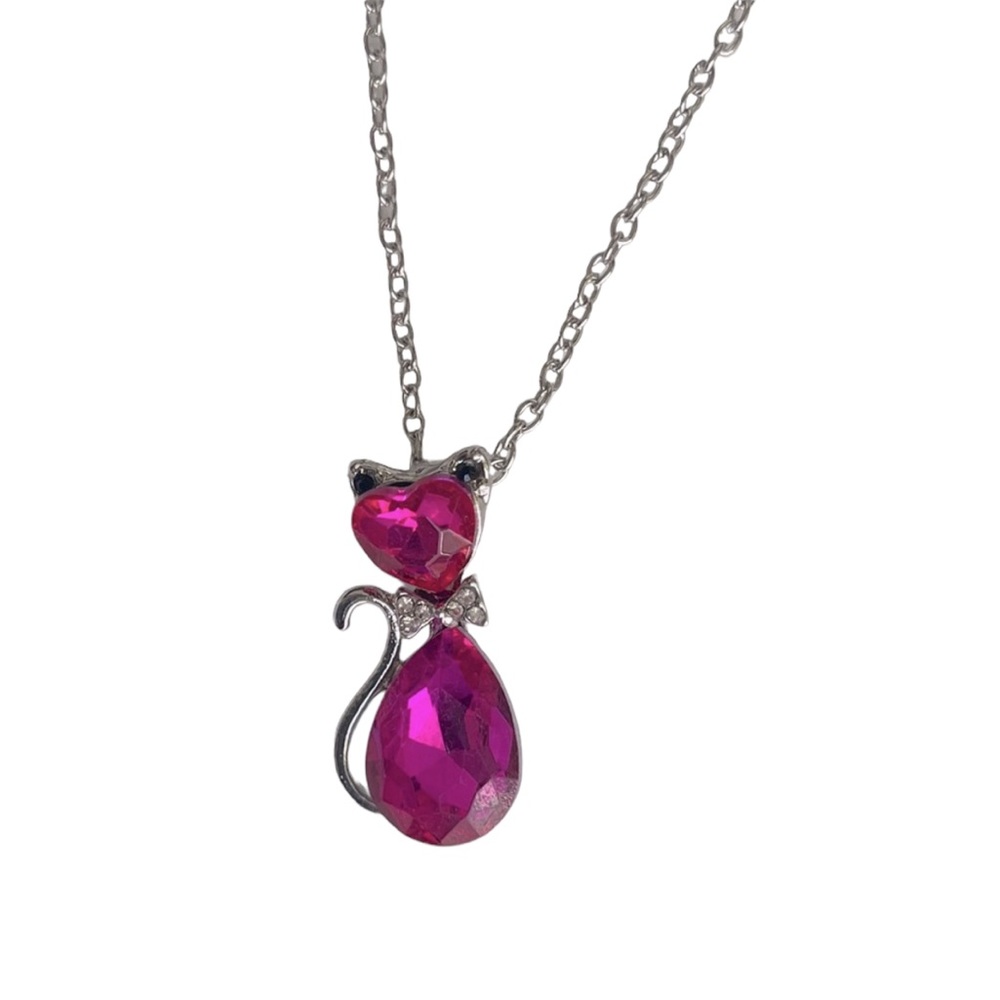 Silver and Hot Pink Cat Pendant Necklace
